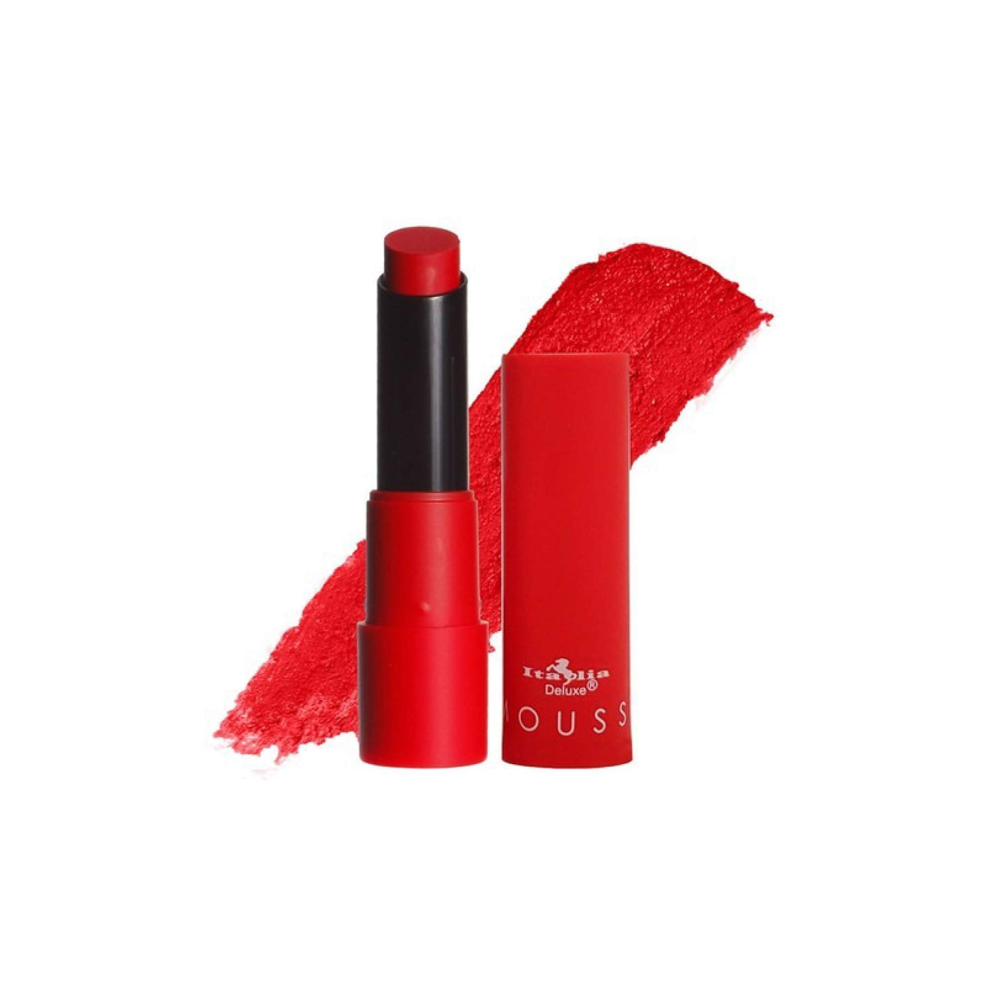 Italia Deluxe Top Five Mousse Matte Lipstick Marilyn swatch shows elegant crimson glow with velvety matte finish