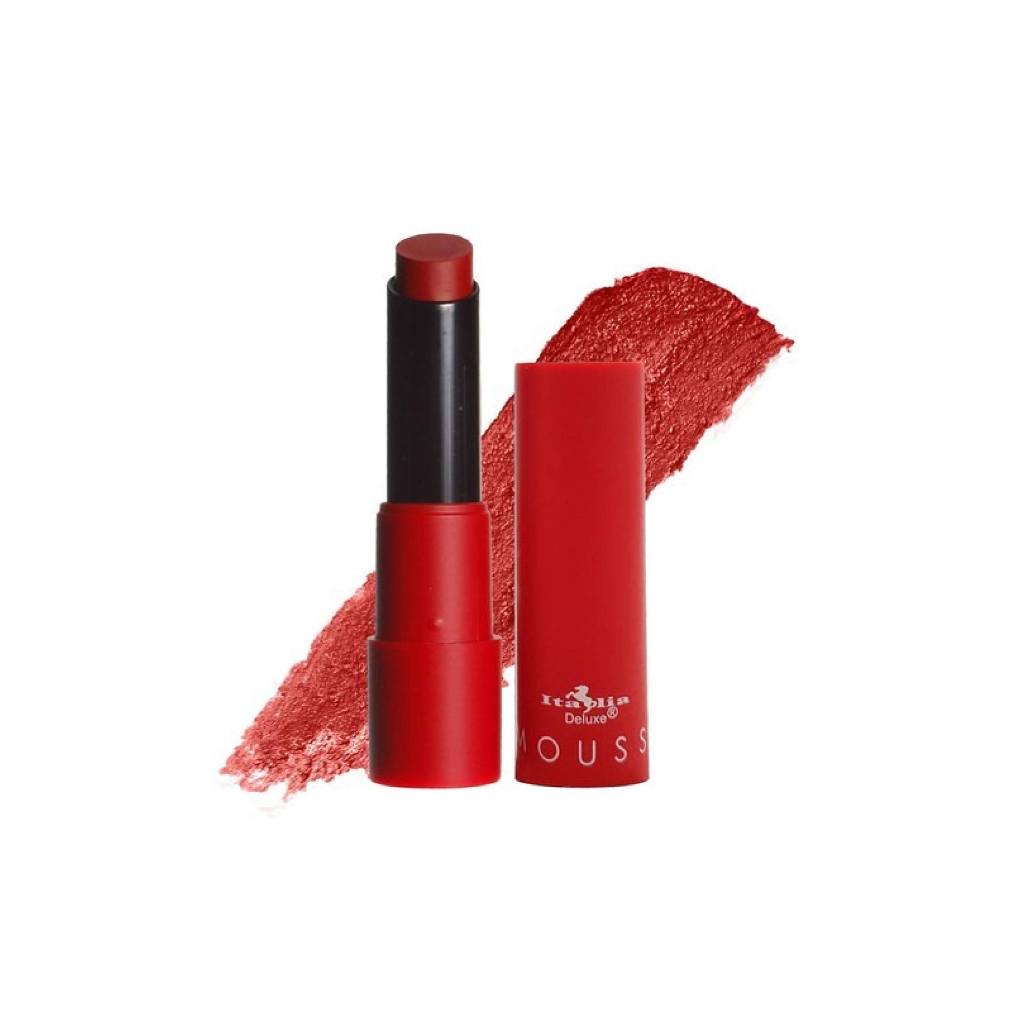 Italia Deluxe Top Five Mousse Matte Lipstick Poison Apple swatch captures dramatic red with matte texture