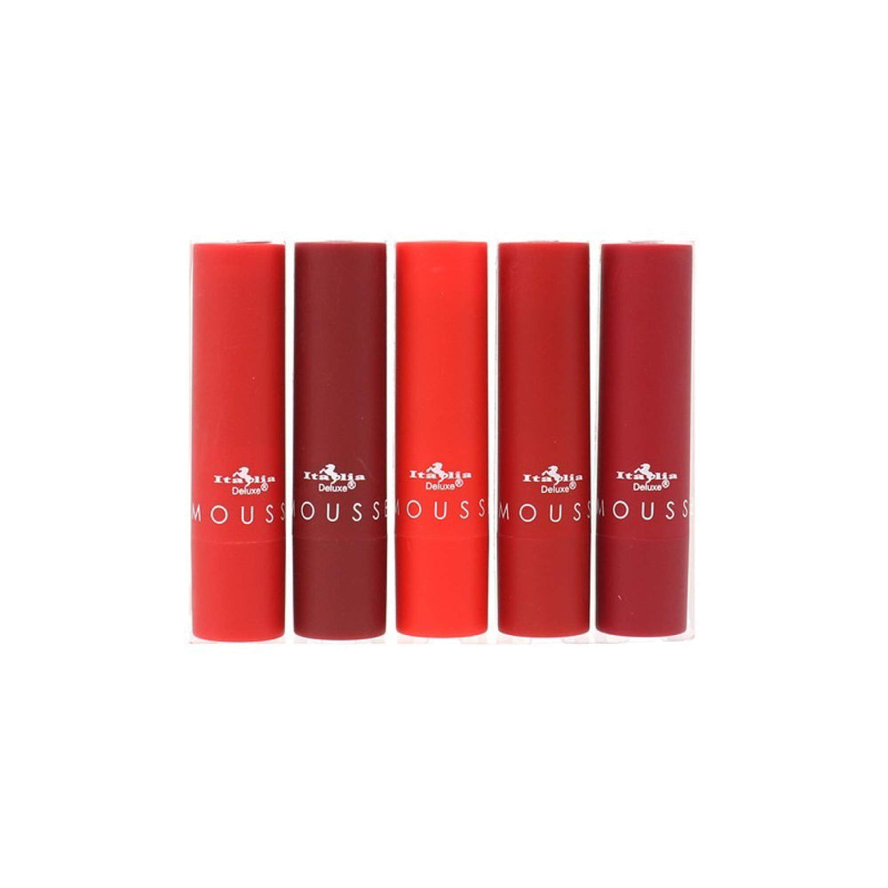 Italia Deluxe Top Five Mousse Matte Lipstick Stiletto swatch reveals deep red with weightless comfort