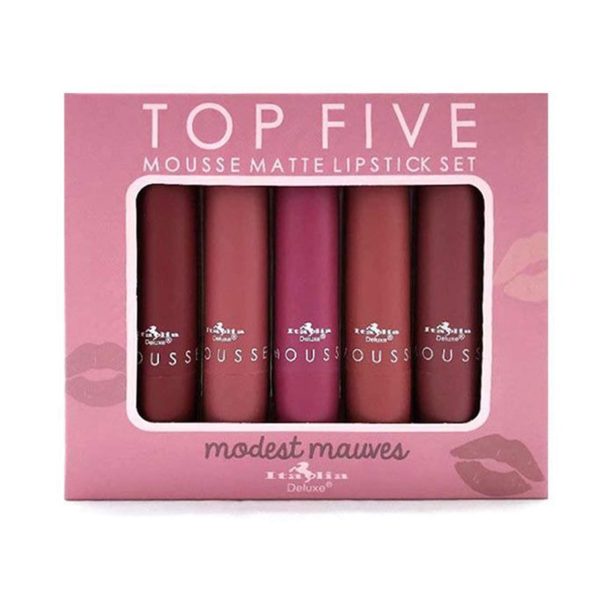 Italia Deluxe Top Five Mousse Matte Lipstick Set Temptress swatch offers bold color for evenings.