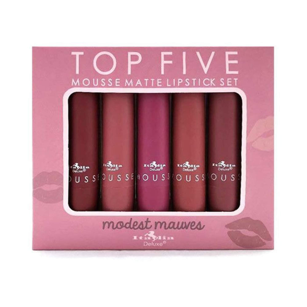Italia Deluxe Top Five Mousse Matte Lipstick Set Temptress swatch offers bold color for evenings.