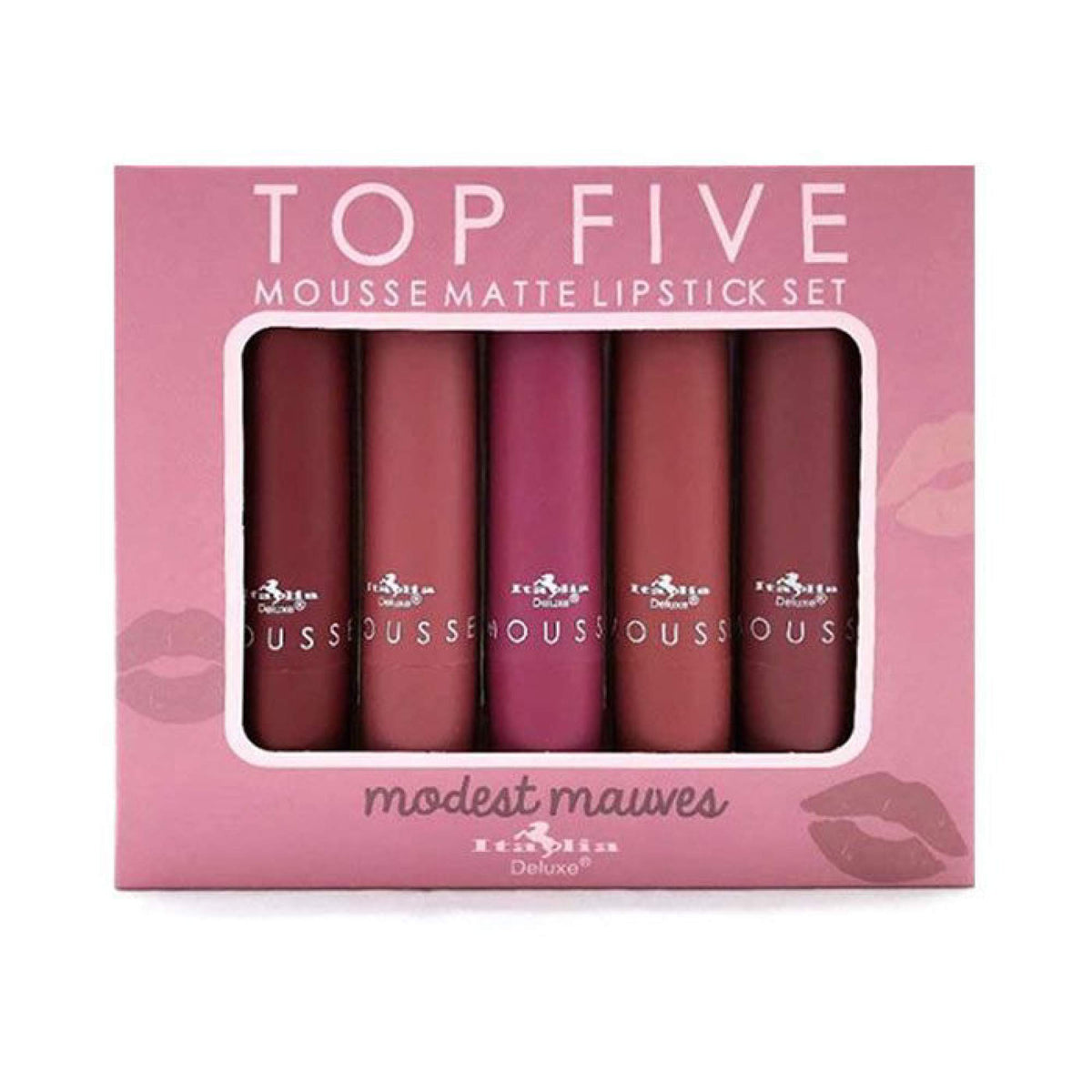 Italia Deluxe Top Five Mousse Matte Lipstick Set Temptress swatch offers bold color for evenings.