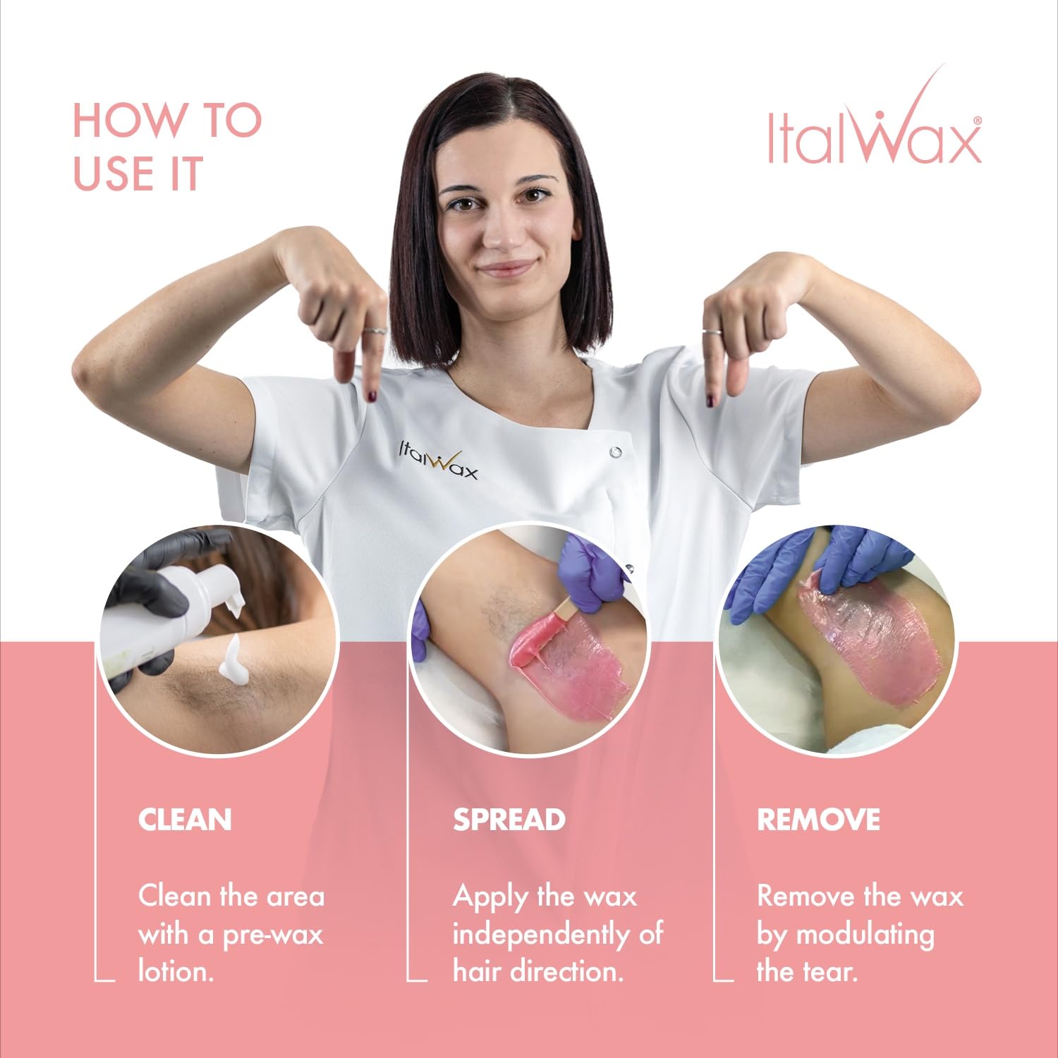 Italwax Pink Pearl elastic removal close-up shows flexible pull for contouring.
