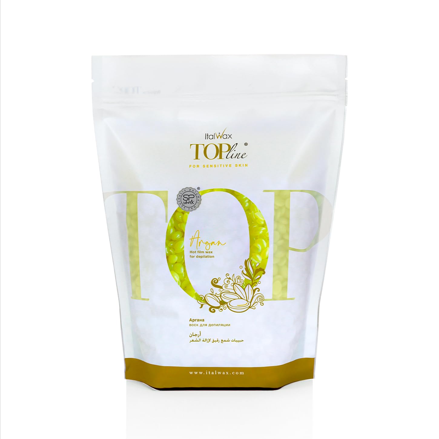 Italwax Top Line Argan Jelly Wax jar close-up showing fast-drying gel for efficient waxing.