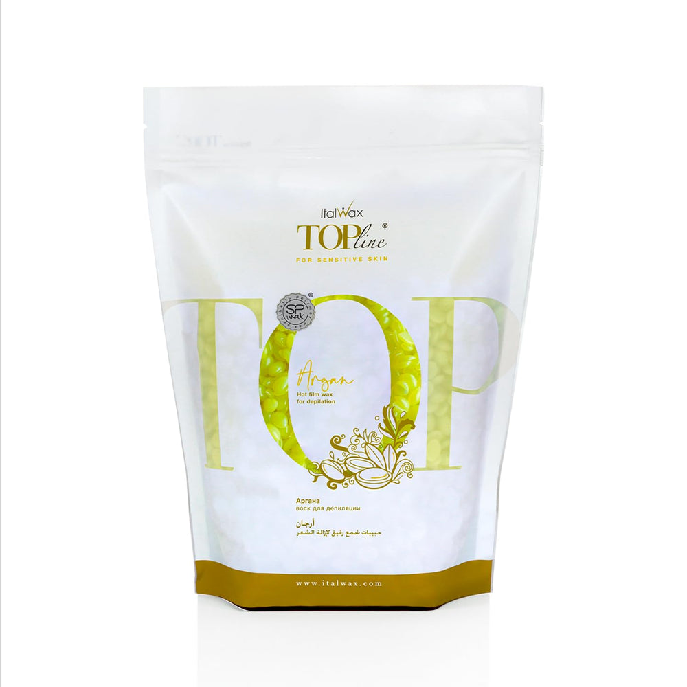 Italwax Top Line Argan Jelly Wax jar close-up showing fast-drying gel for efficient waxing.
