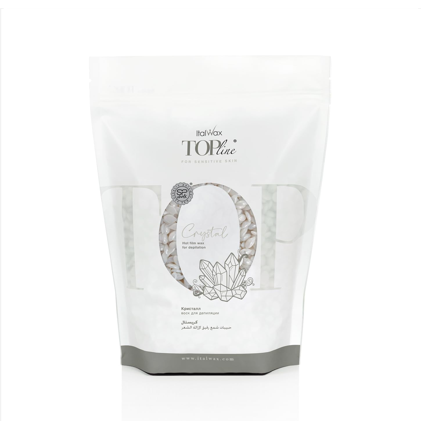 Italwax Top Line Crystal jar close-up shows fragrance- and colorant-free formula for sensitive skin.