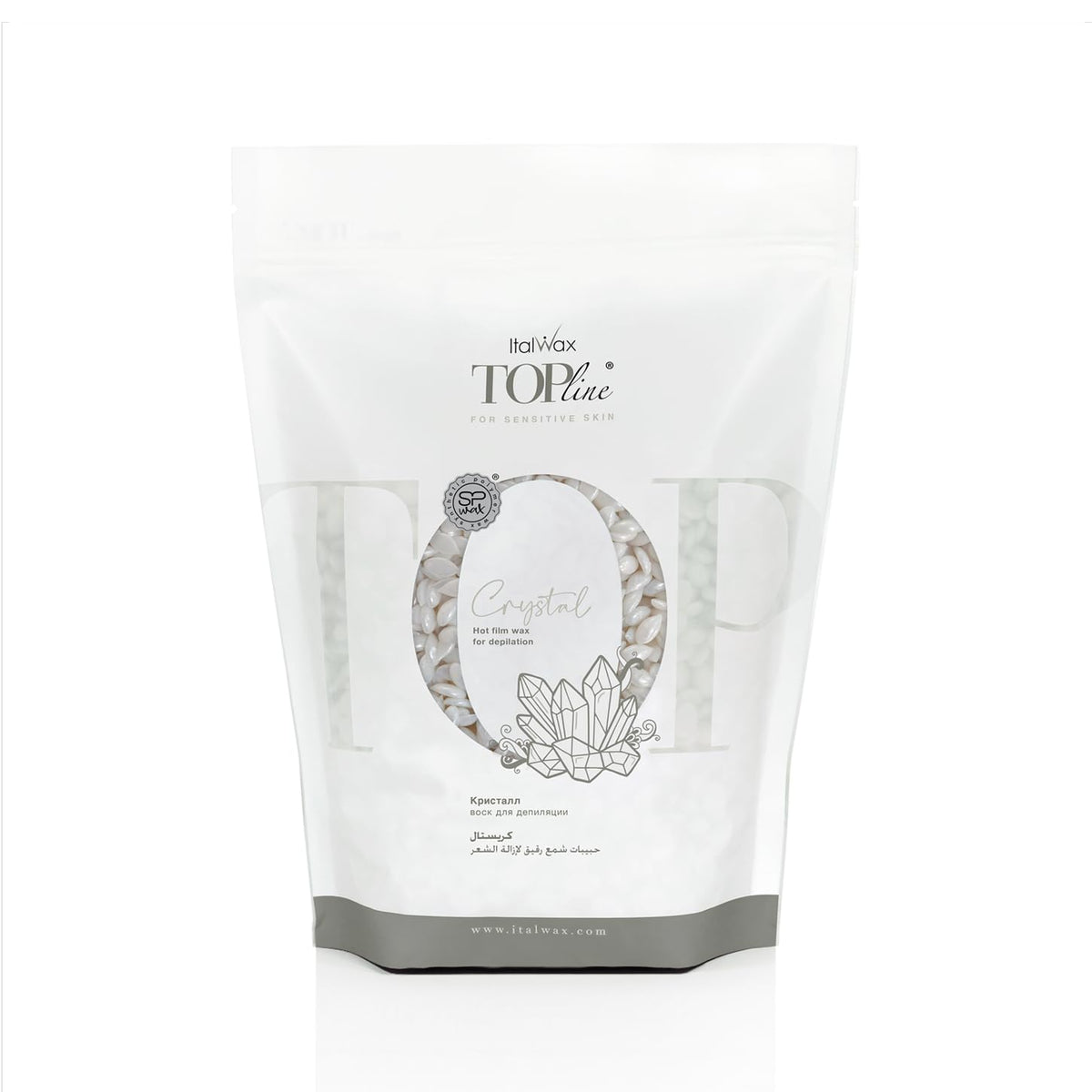 Italwax Top Line Crystal jar close-up shows fragrance- and colorant-free formula for sensitive skin.