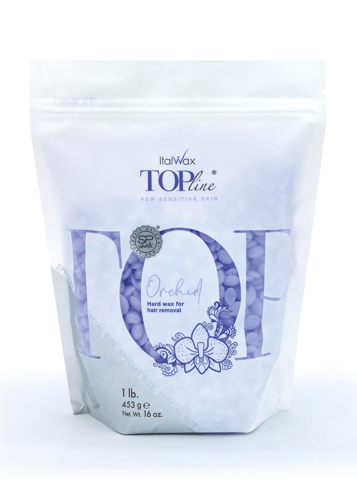 Italwax Top Line Orchid Jelly Wax jar closeup shows transparent gel for precise bikini waxing.