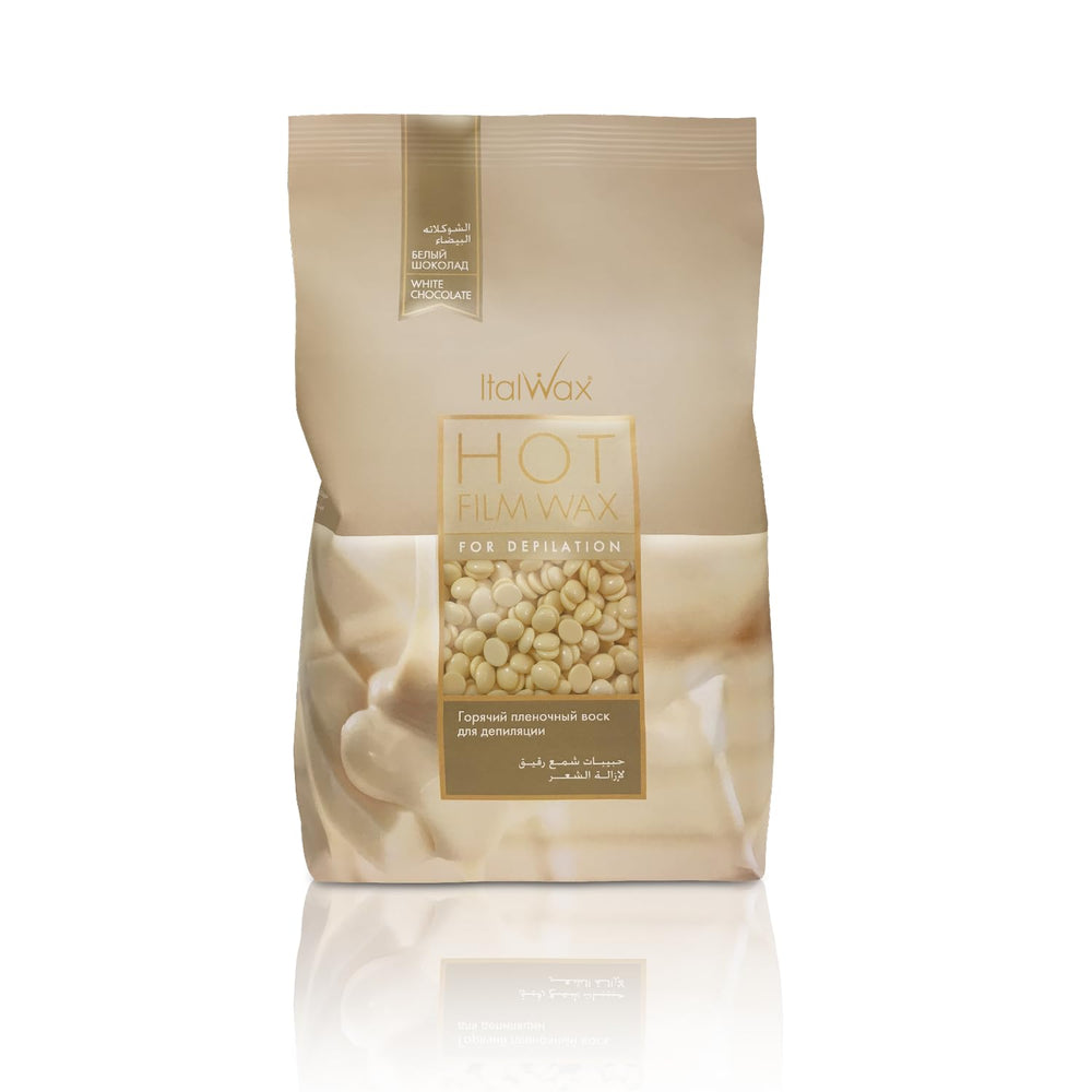 Italwax White Chocolate wax beads in jar for smooth, lasting removal.
