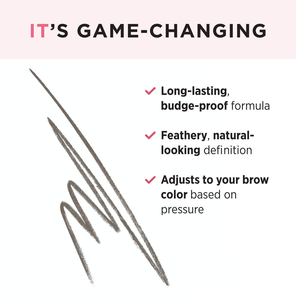 IT Cosmetics Brow Power Micro universal taupe shade swatch on skin showing versatility.