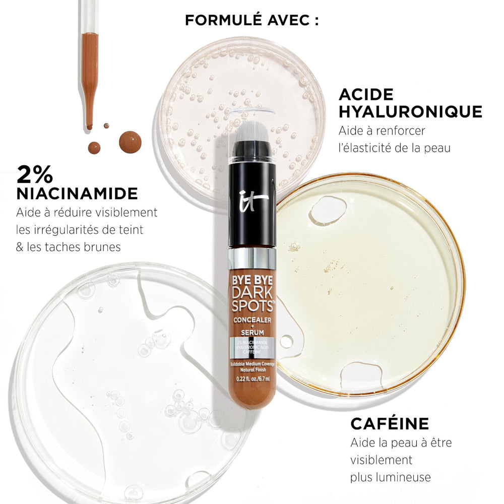 IT Cosmetics Bye Bye Dark Spots Concealer + Brightening Serum swatch on tan-neutral skin for even tone.
