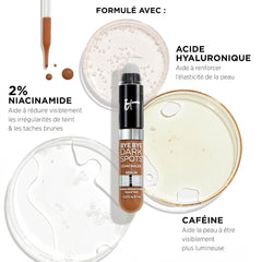IT Cosmetics Bye Bye Dark Spots Concealer + Brightening Serum swatch on tan-neutral skin for even tone.