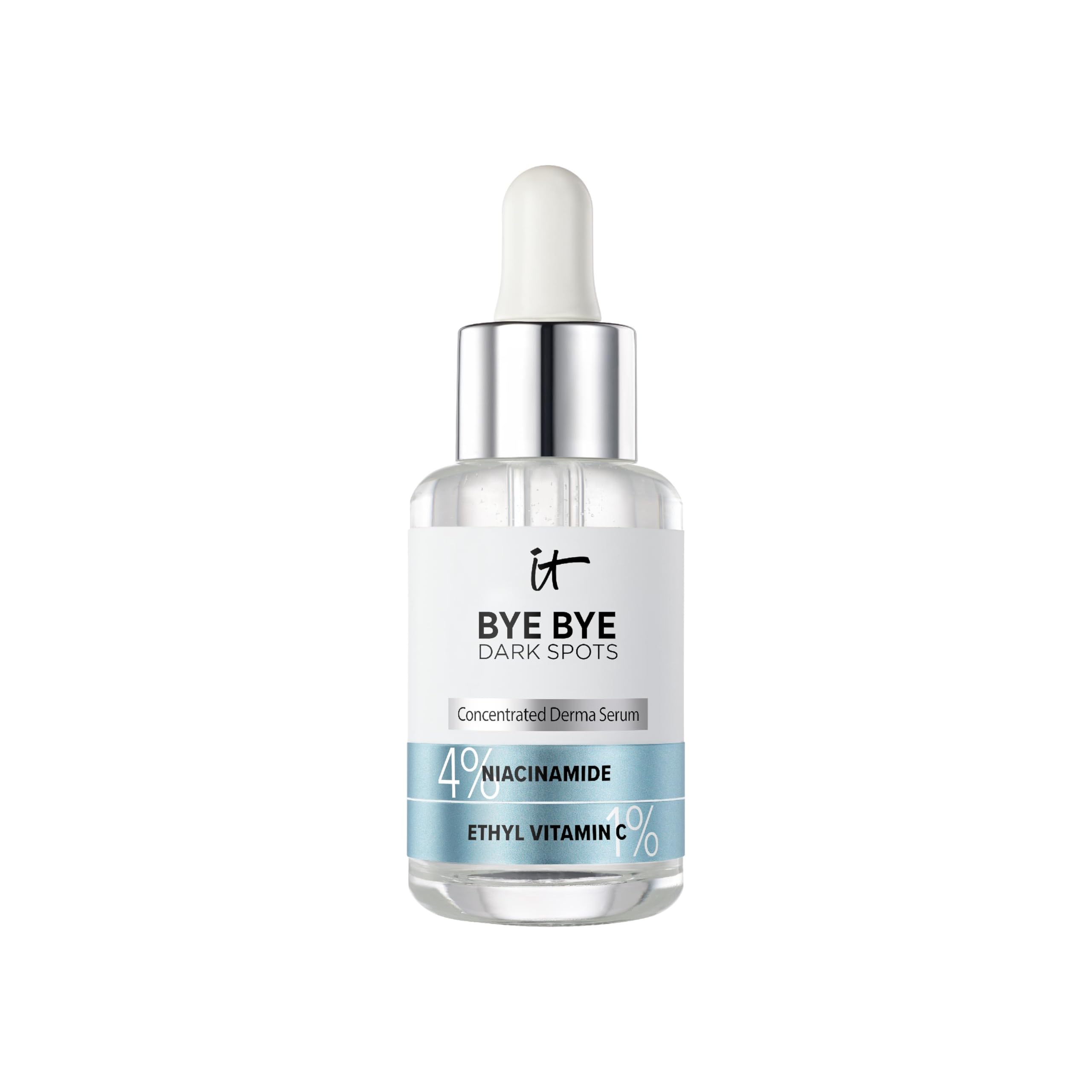 IT Cosmetics Bye Bye Dark Spots serum bottle shown for daily use to promote an even complexion.