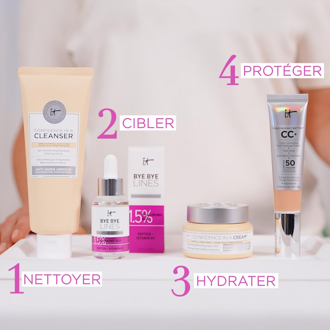 IT Cosmetics Bye Bye Lines serum before-after swatch suggests visible smoothing potential.