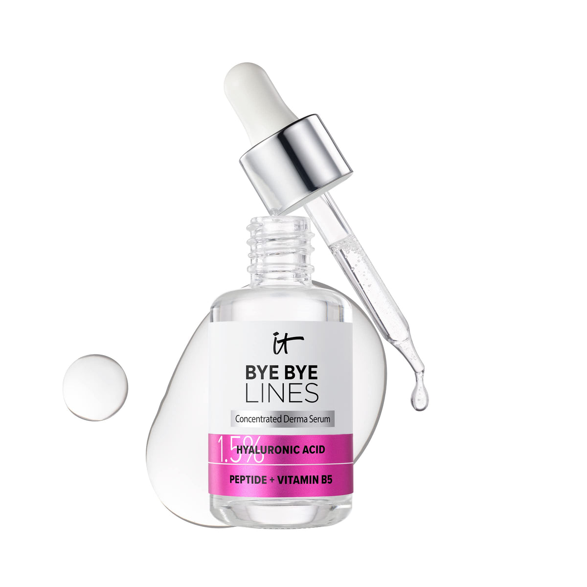 IT Cosmetics Bye Bye Lines serum bottle closeup emphasizes hydrating formula for smoother skin.