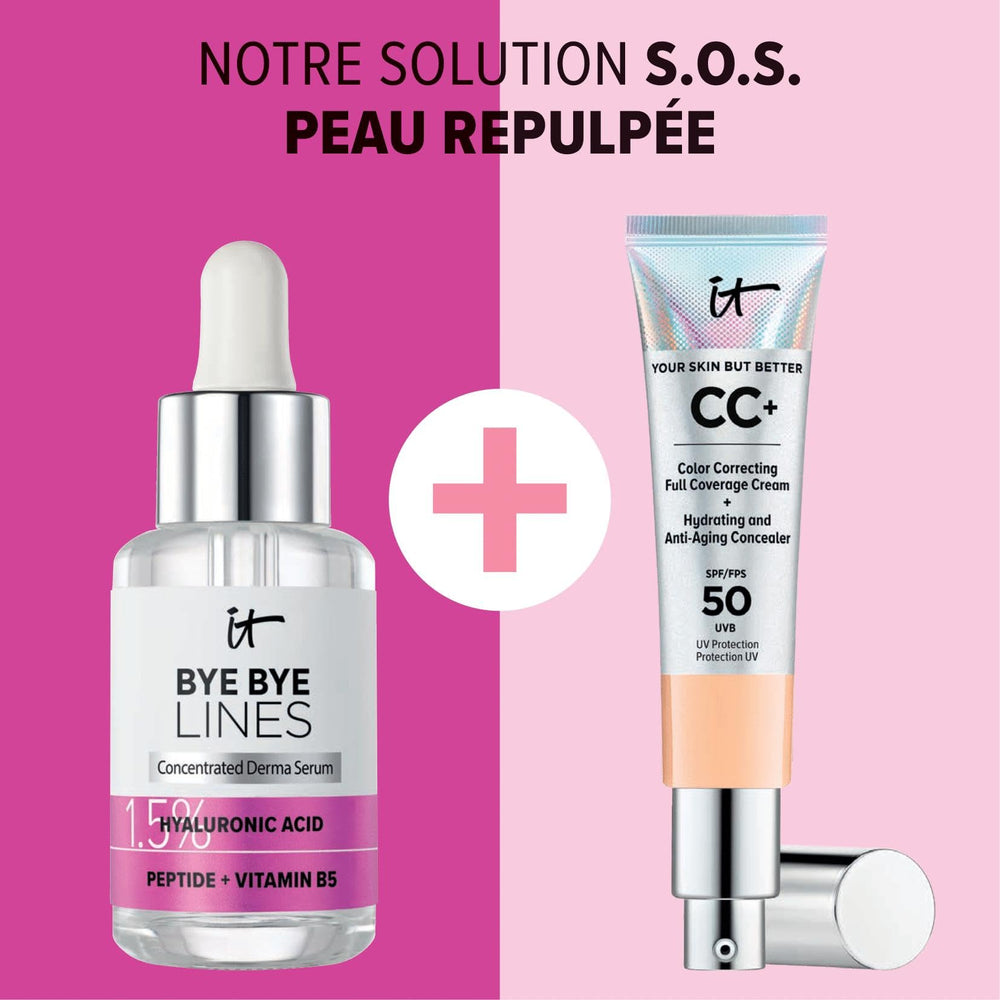 IT Cosmetics Bye Bye Lines serum packaging with vegan, dermatologist-tested claim reinforces trust.