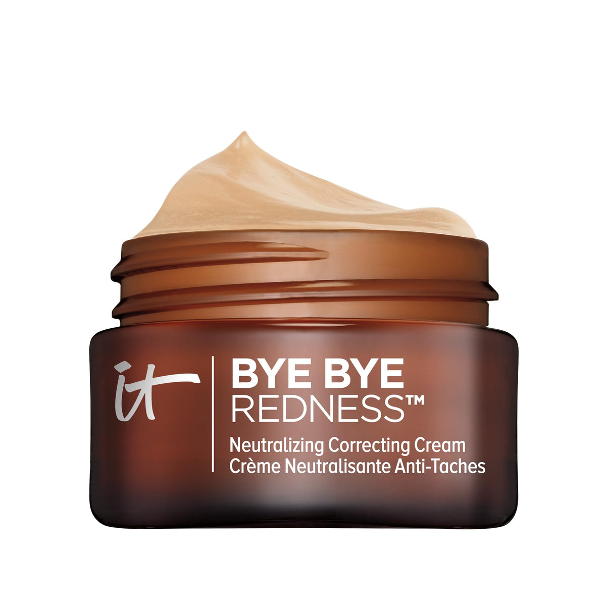 IT Cosmetics Bye Bye Redness cream jar closeup showing neutral beige tint for even tone