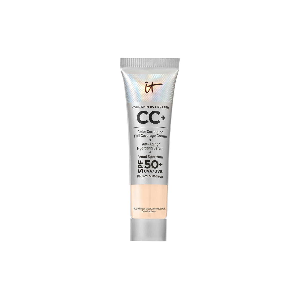 IT Cosmetics CC+ Cream Travel bottle close-up showing creamy texture for even complexion