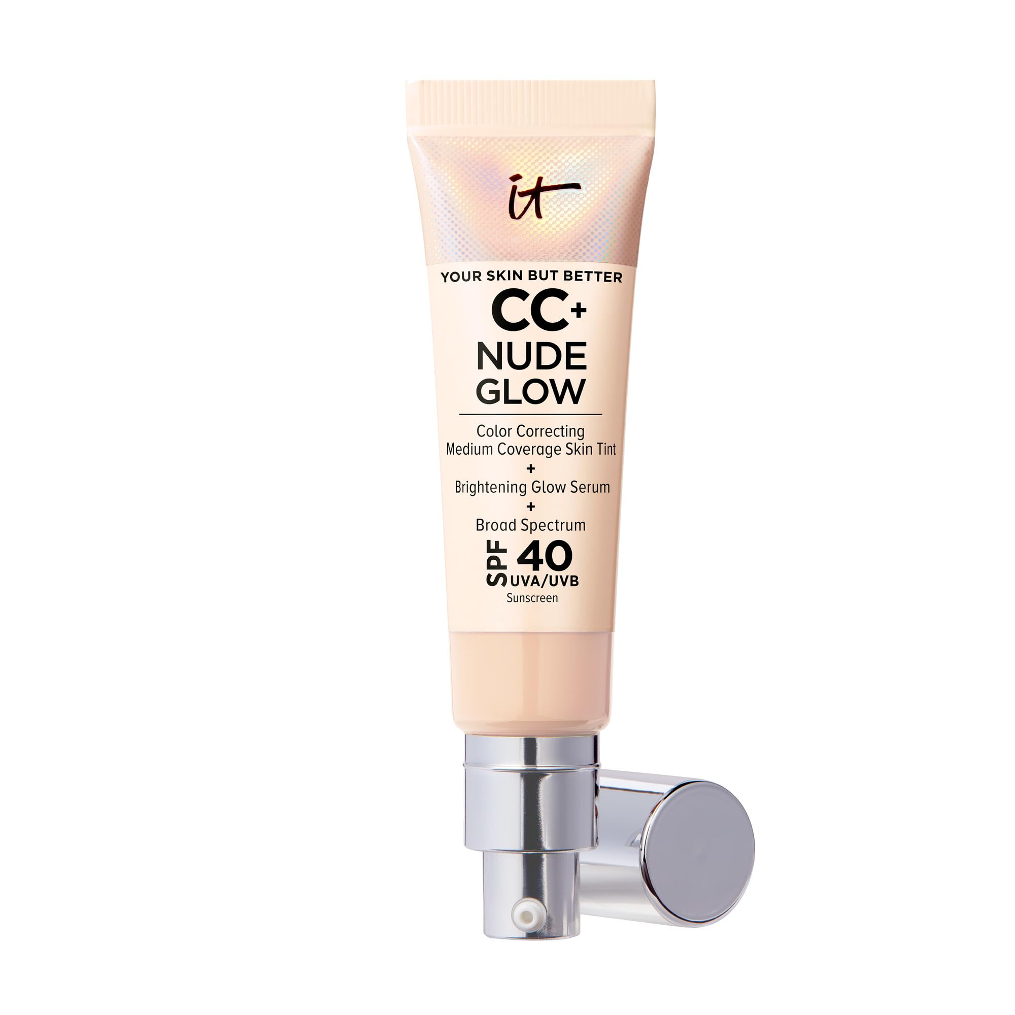IT Cosmetics CC+ Nude Glow bottle with pump for radiant, lasting hydration.