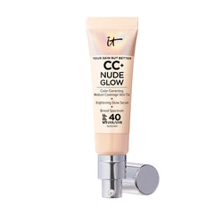 IT Cosmetics CC+ Nude Glow bottle with pump for radiant, lasting hydration.