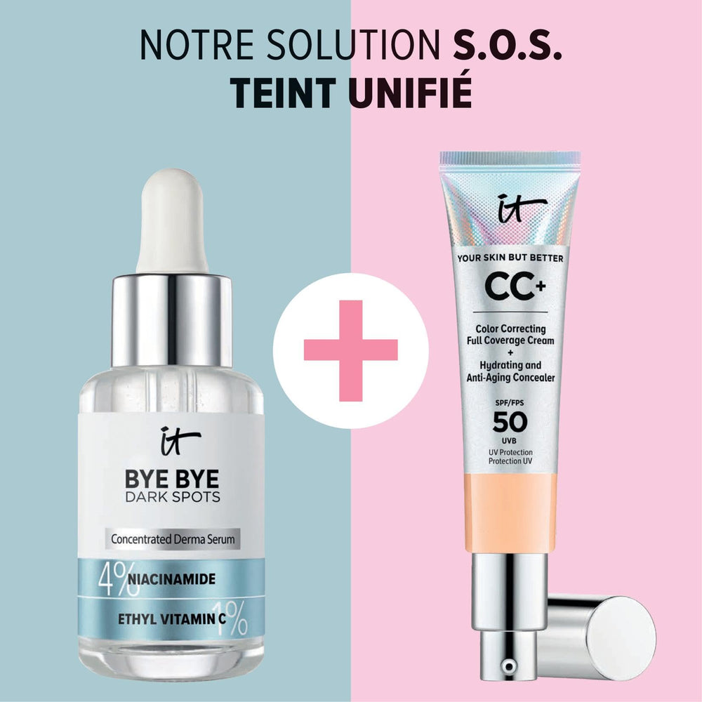 Close-up of IT Cosmetics serum bottle label highlighting key ingredients.