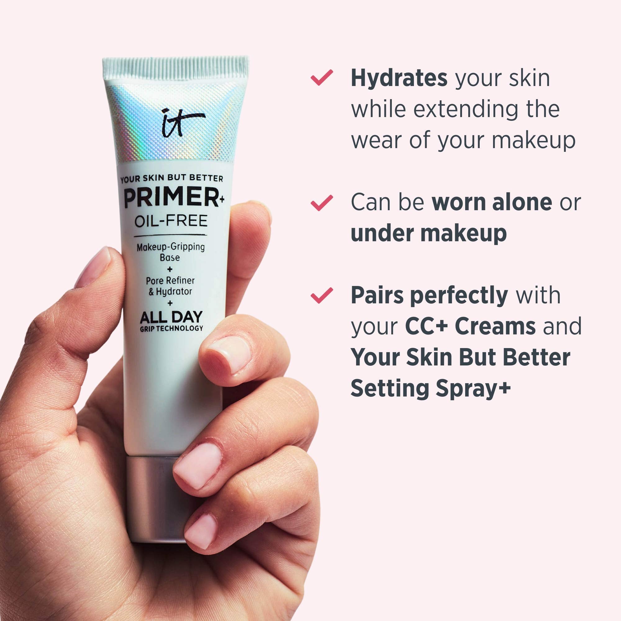 IT Cosmetics Your Skin But Better Primer+ pores-refined closeup suggests a smoother look