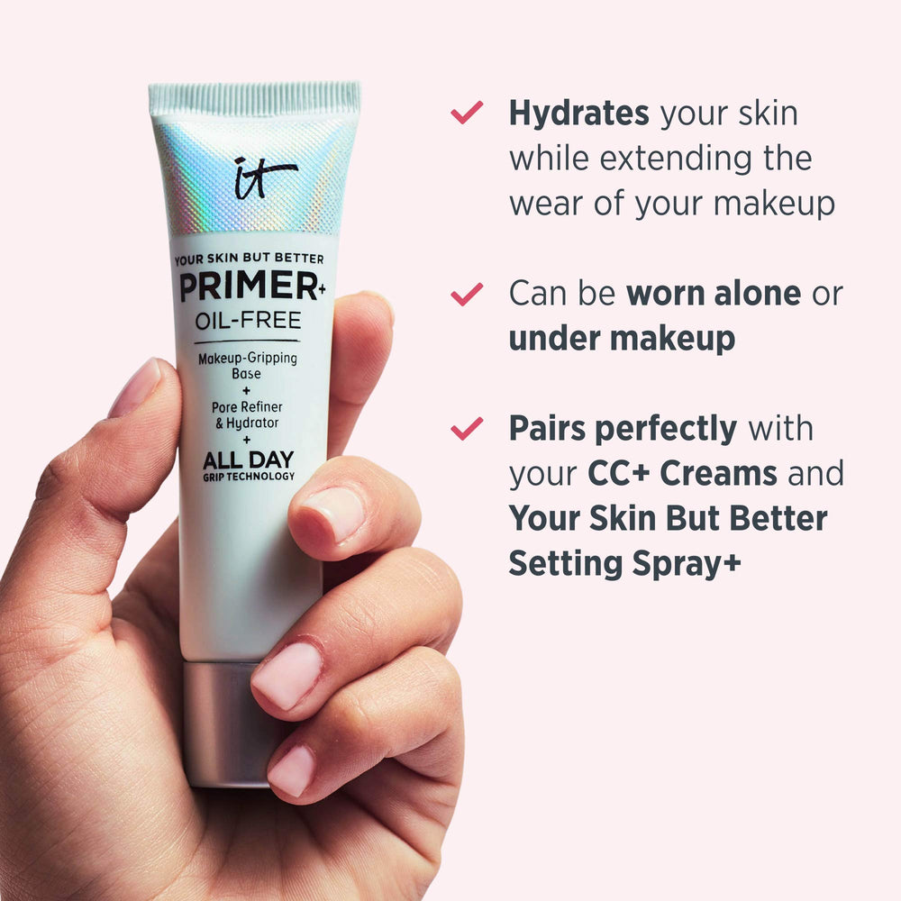 IT Cosmetics Your Skin But Better Primer+ pores-refined closeup suggests a smoother look