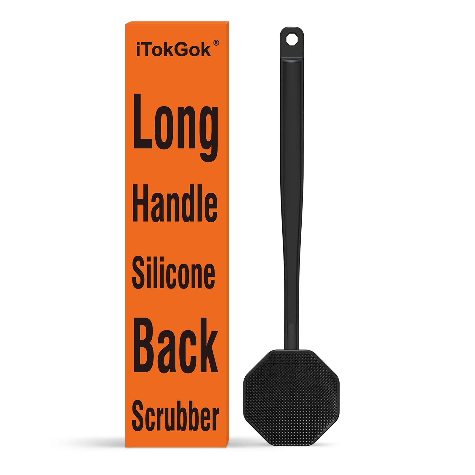 iTOKGOK back scrubber long-handle black—ergonomic grip for easy shower cleansing
