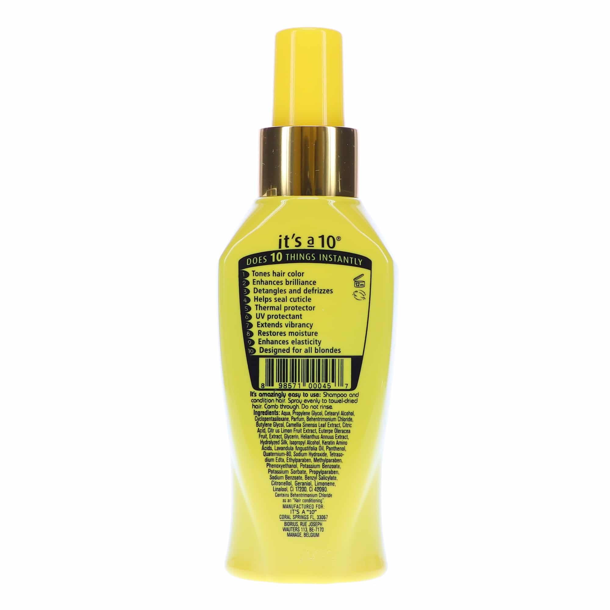 It's a 10 Haircare Blonde Miracle Leave-In spray used for detangling and brass control.