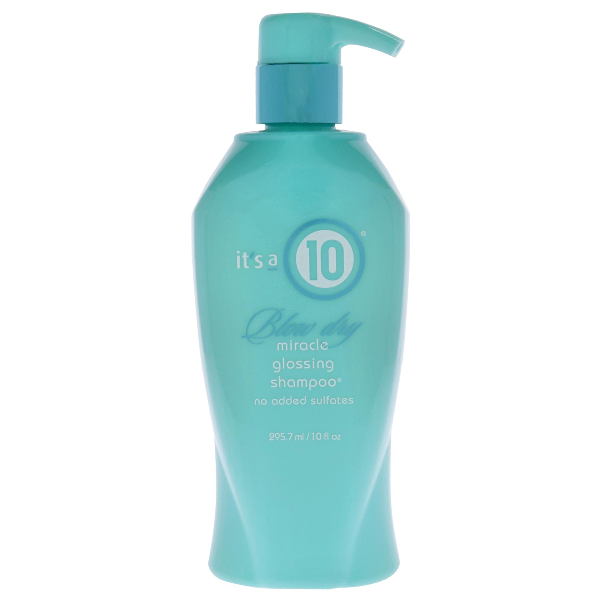 It's a 10 Haircare Blow Dry Miracle Glossing Shampoo bottle pouring with color protection and shine.