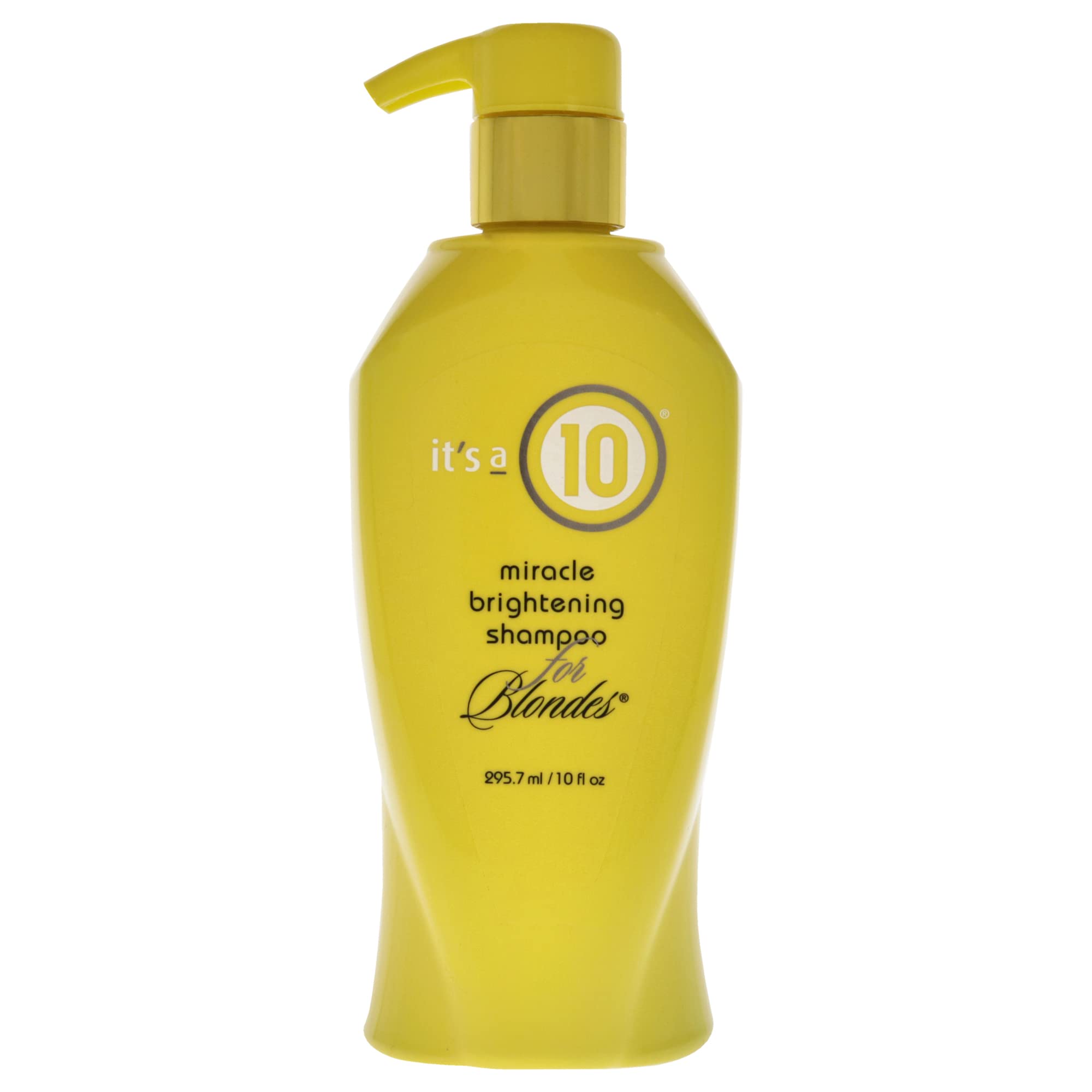 It's a 10 Haircare Miracle Brightening Shampoo for Blondes bottle boosts color-safe brightness and gentle cleansing.