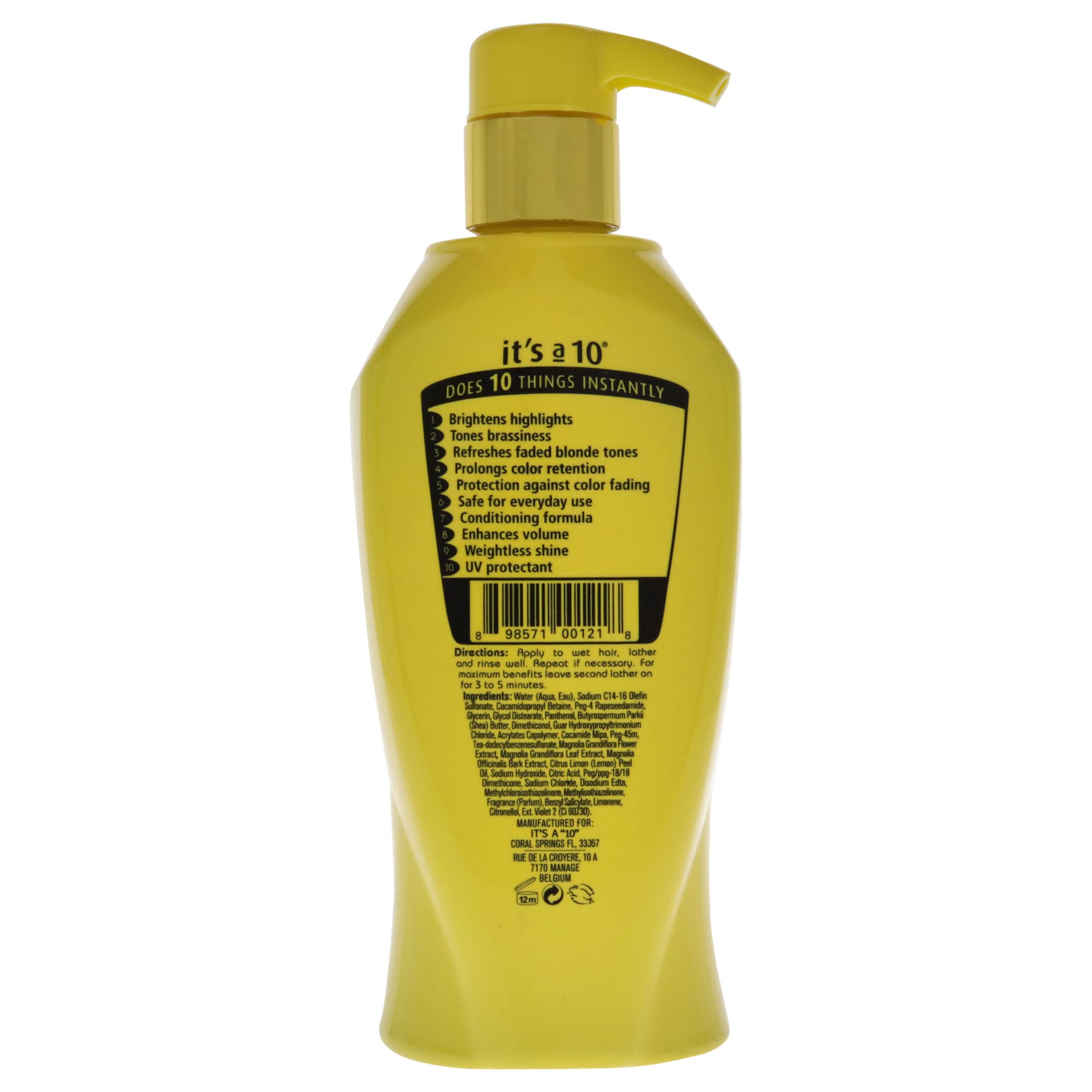 It's a 10 Haircare Miracle Brightening Shampoo for Blondes foam delivers rich lather and enhances blondes' vibrancy.