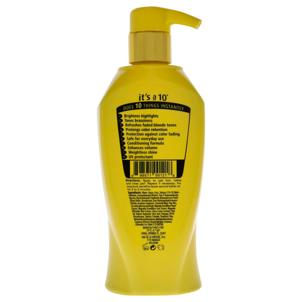 It's a 10 Haircare Miracle Brightening Shampoo for Blondes foam delivers rich lather and enhances blondes' vibrancy.
