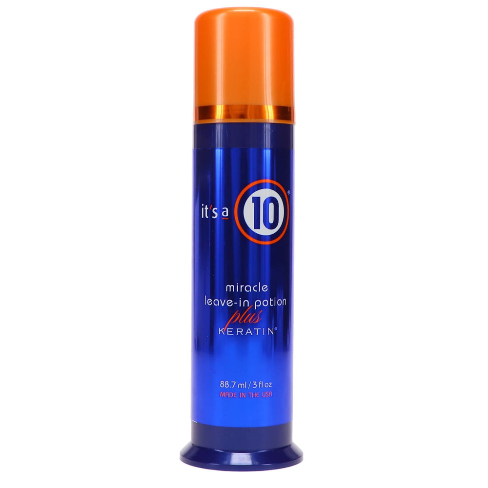 It's a 10 Miracle Leave-In Potion Keratin bottle pouring for smooth, shiny hair