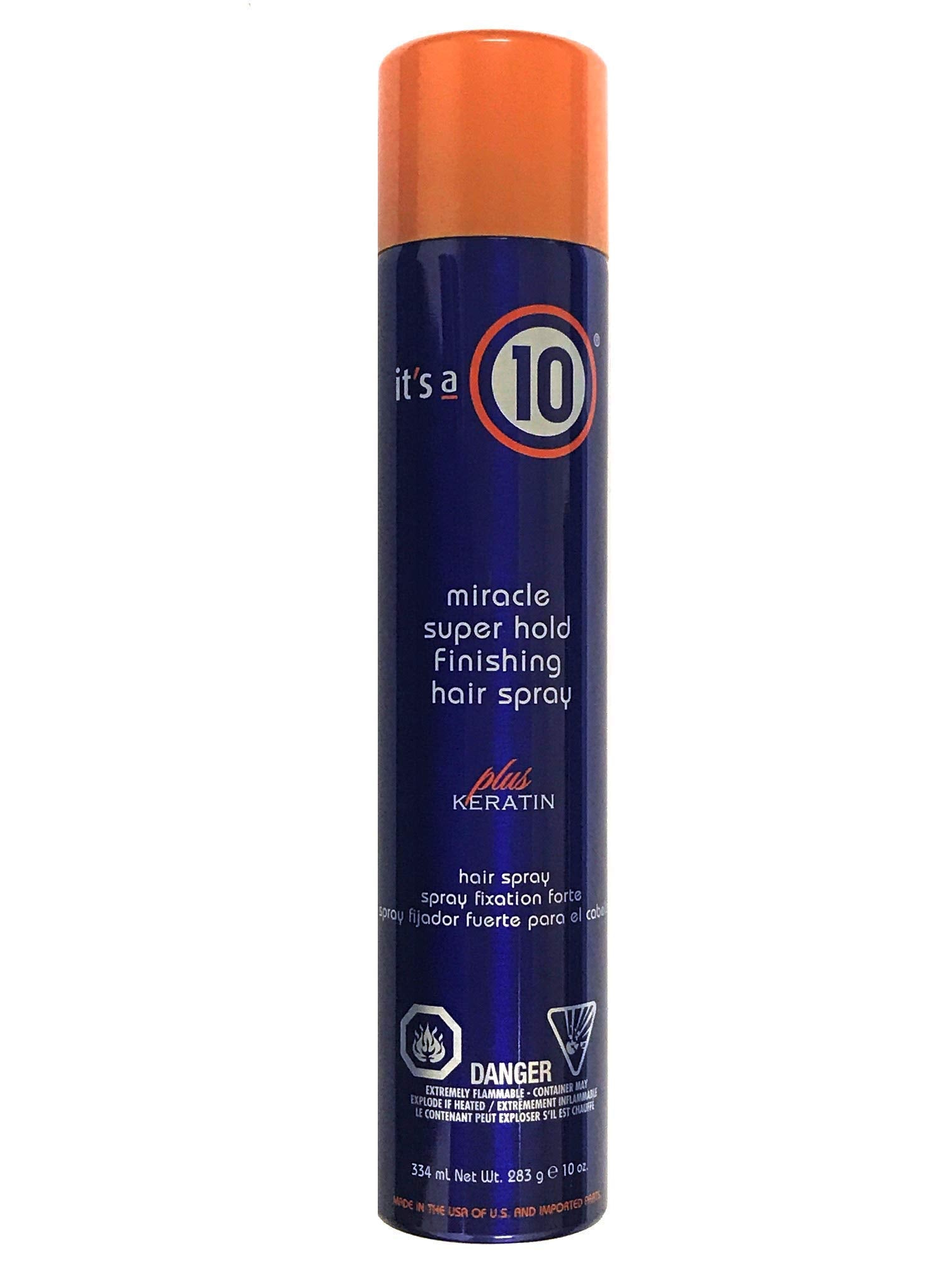 It's a 10 Haircare Miracle Super Hold Finishing Hair Spray keratin bottle with weightless hold and shine.
