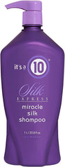 It's a 10 Haircare Silk Express Miracle Silk Shampoo bottle highlighting silky shine and color-fade protection