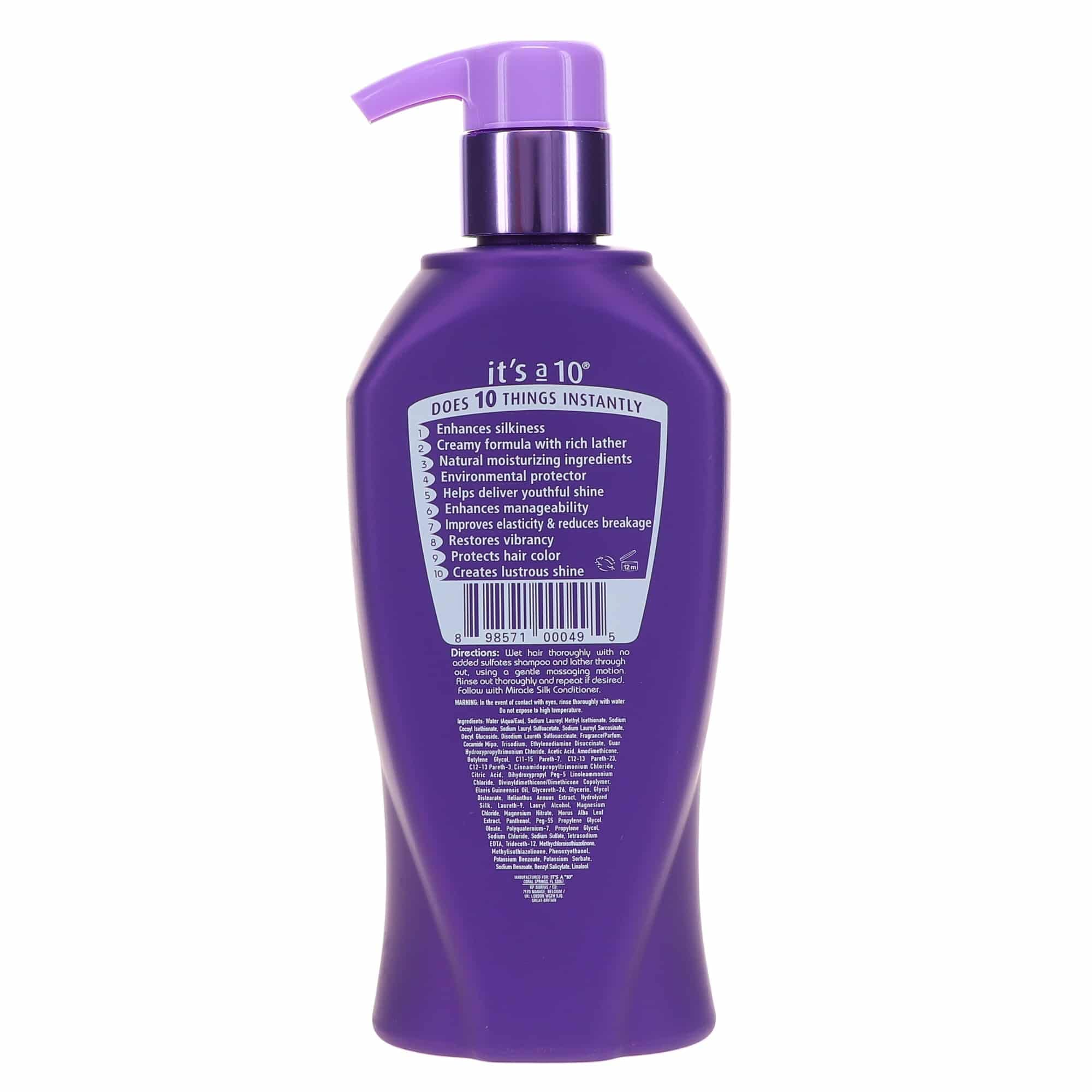 It's a 10 Haircare Silk Express Miracle Silk Shampoo bottle with rich lather on hair for easy styling.