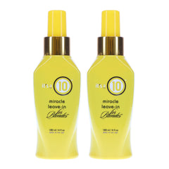 Its A 10 Miracle Blonde Leave-In bottle pour enhances shine for smoother hair.