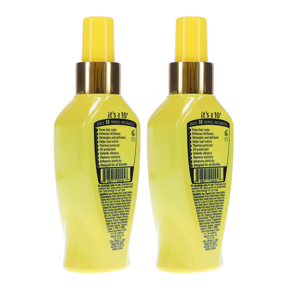 Its A 10 Miracle Blonde Leave-In brass-neutralization demonstrates brighter blonde tones.