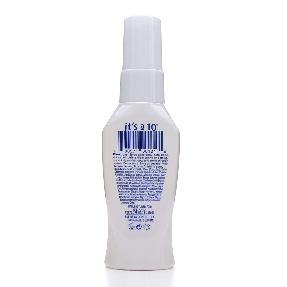 It's a 10 Miracle Blowdry Volumizer damp-hair-application shows even spray for detangling and hold.