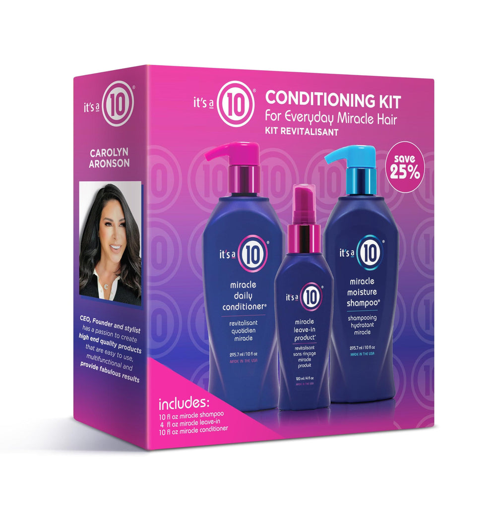 It's a 10 Miracle Conditioning Trio Kit packshot with shampoo, conditioner, and leave-in for frizz-free styling