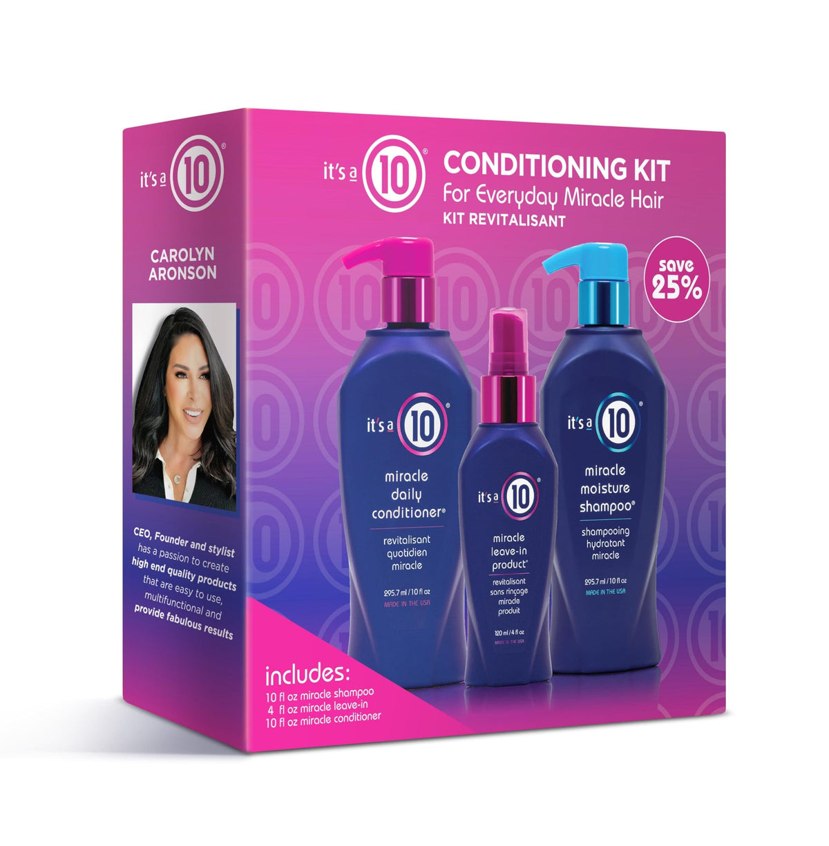 It's a 10 Miracle Conditioning Trio Kit packshot with shampoo, conditioner, and leave-in for frizz-free styling