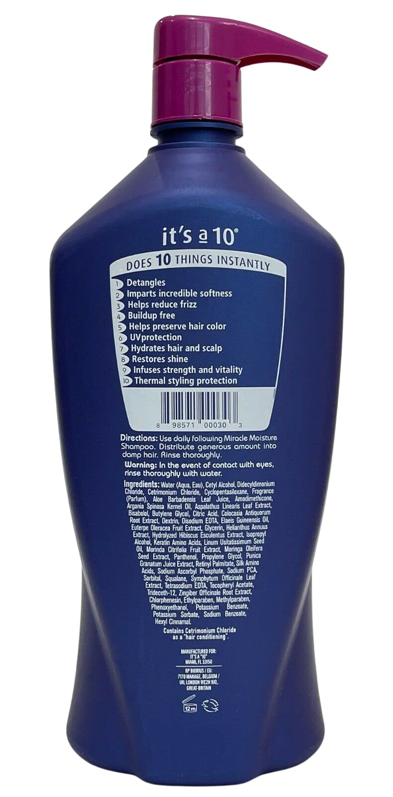 It's A 10 Miracle Daily Conditioner label closeup highlights actives for color protection and softness.
