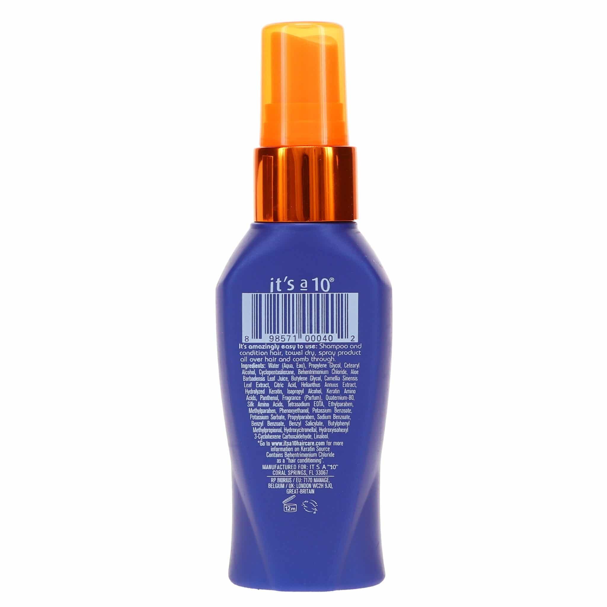 Its A 10 Miracle Leave-In Plus Keratin spray bottle top demonstrates frizz control and hydration