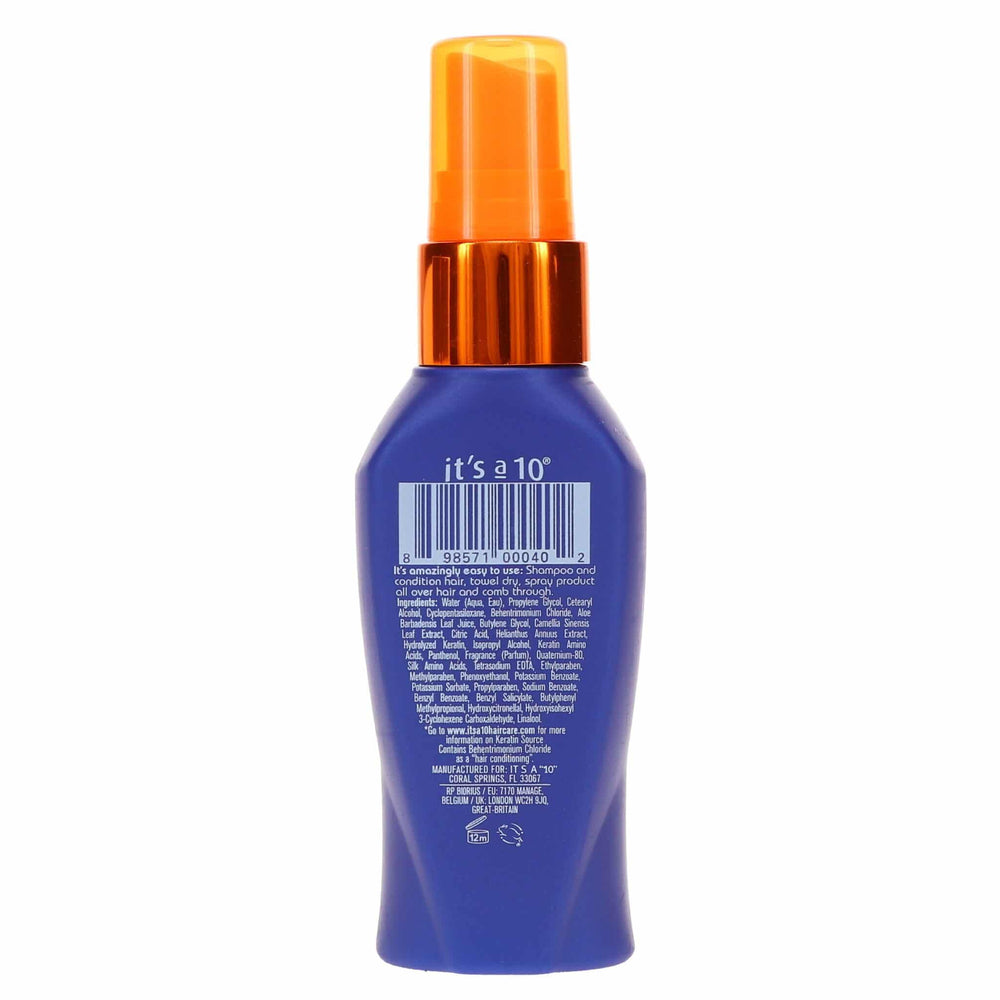Its A 10 Miracle Leave-In Plus Keratin spray bottle top demonstrates frizz control and hydration