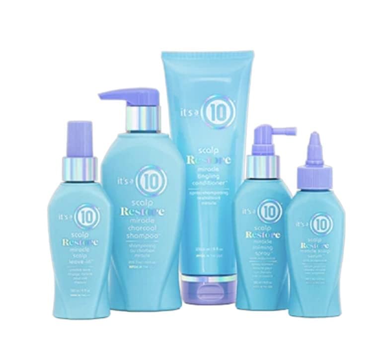 It's a 10 Scalp Restore bottle in use during a post-wash routine.