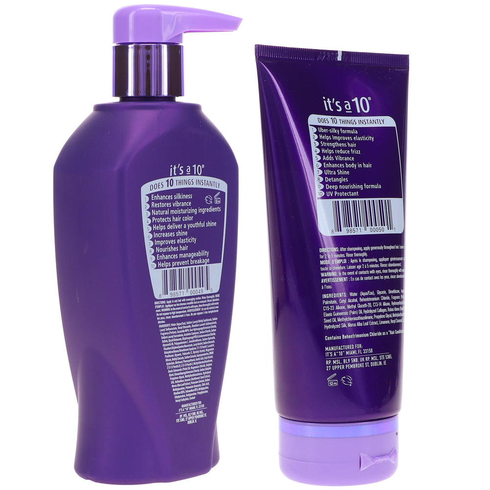 It's a 10 Silk Express Miracle Silk Conditioner bottle—detangle-ready and frizz-control.