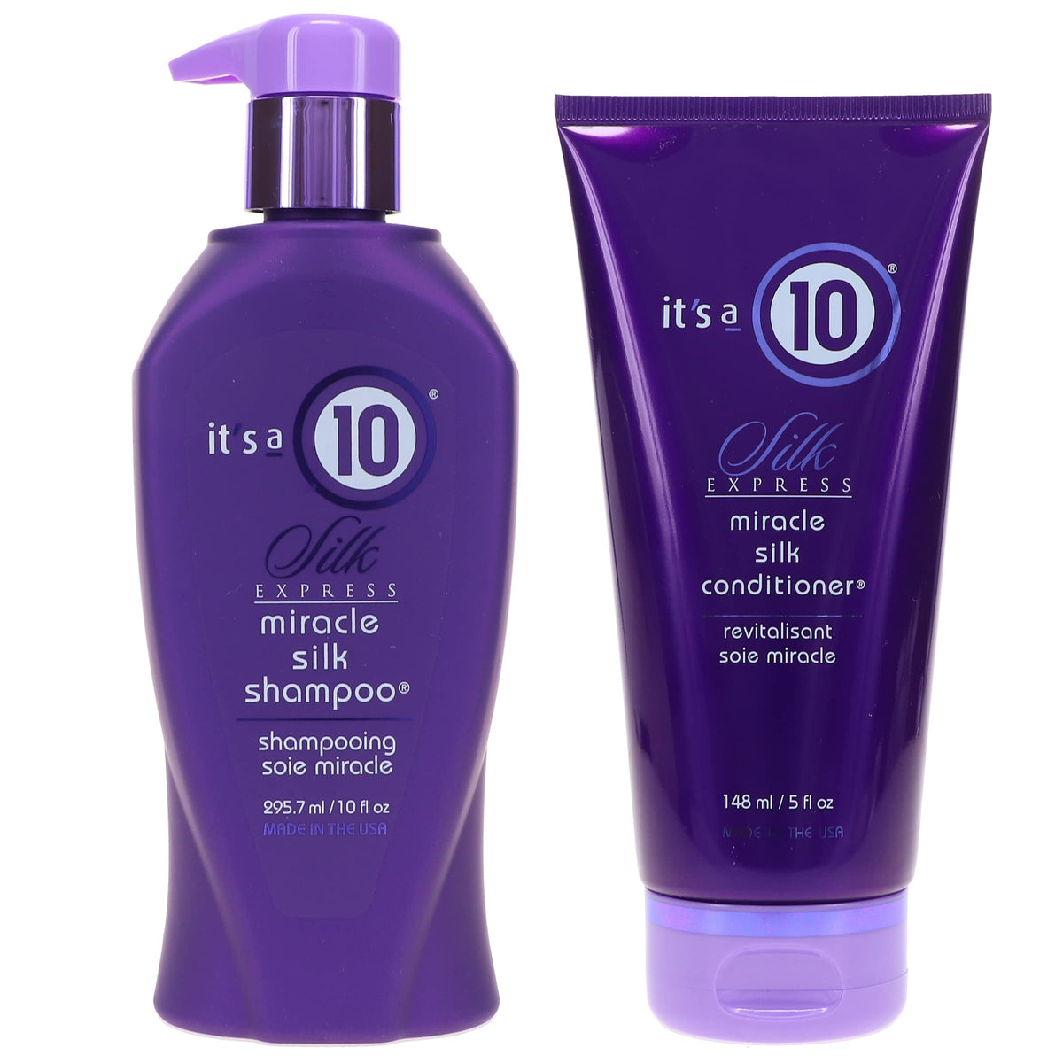 It's a 10 Silk Express Miracle Silk Shampoo bottle—promises silky, smooth hair.