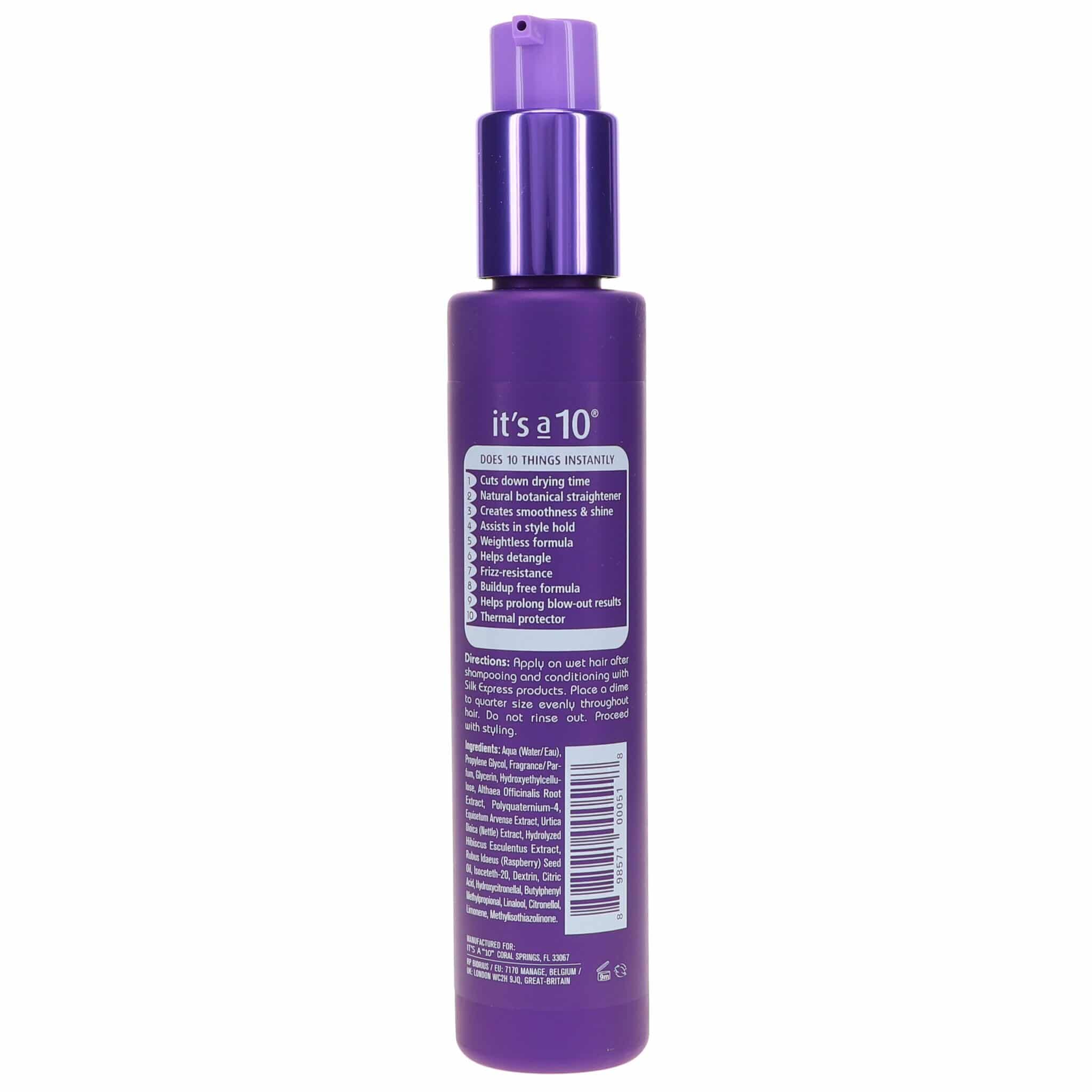 Its A 10 Silk Express smoothing balm packaging closeup highlights glossy, easy-to-style finish.