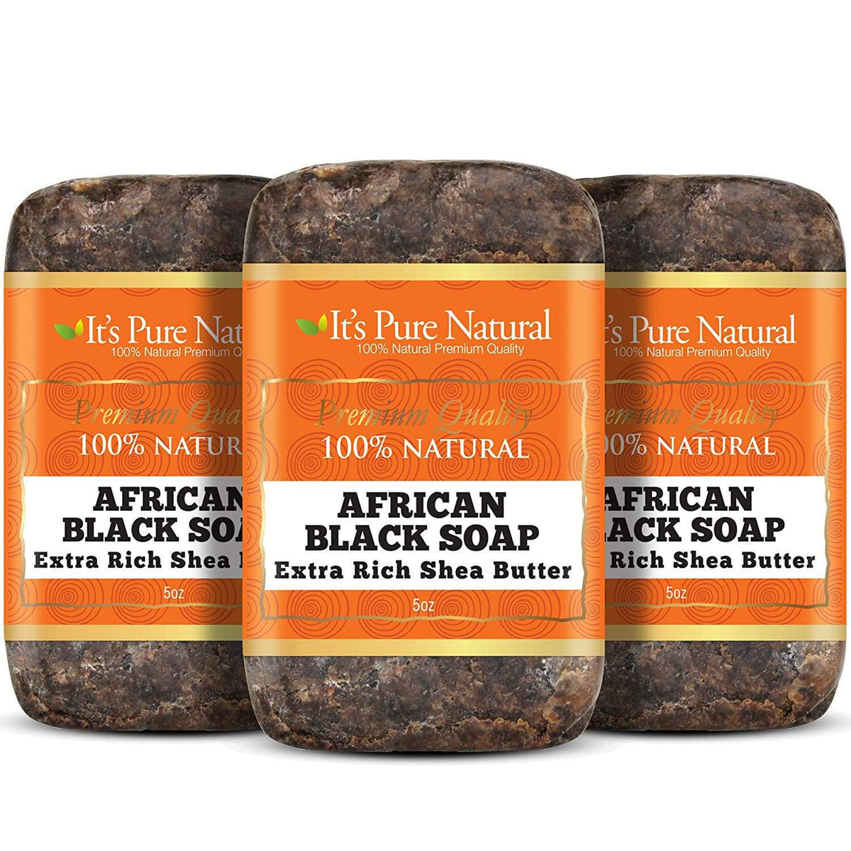 It's Pure Natural African Black Soap bar closeup highlighting cleansing texture for radiant skin.